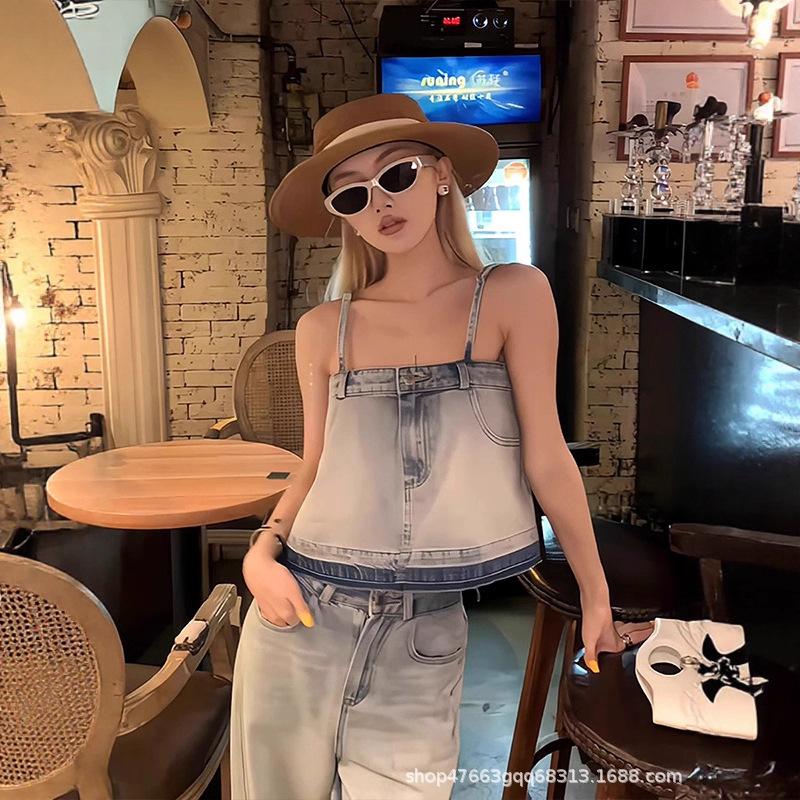 Retro temperament age-reducing denim suspender vest top high waist casual wide-leg pants 1116 summer new suit women