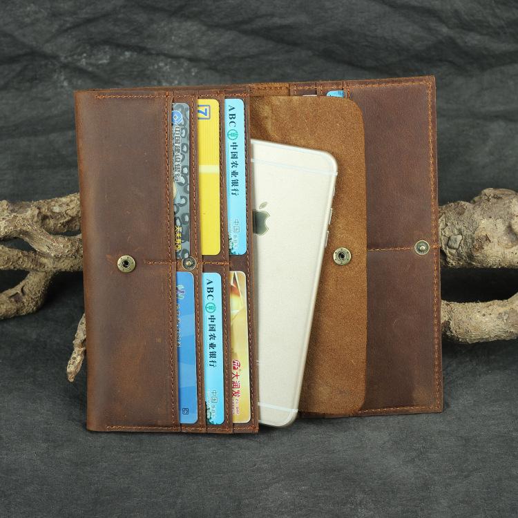 Handmade Leather Long Wallet Men'S Leather First Layer Cowhide Multi-Function Mobile Phone Passport Bag Buckle Wallet