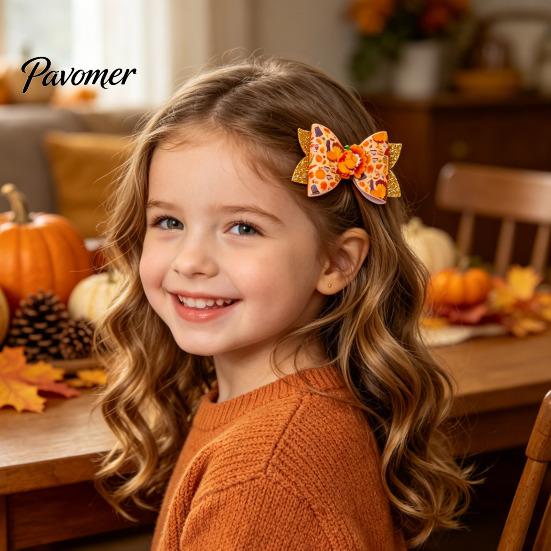 Festival Style Hair Accessories Thanksgiving Turkey Bow Clip for Girls, Decorative Pins, Cute Cartoon Clips Double Layer Glitter Clip, Autumn Holiday