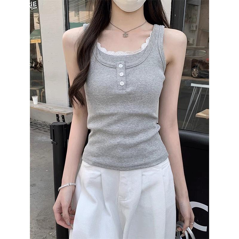 Frühling und Sommer Neue Damen Mode Pullover mit U-Ausschnitt Kontrastfarbe Vielseitige Spitze Weste