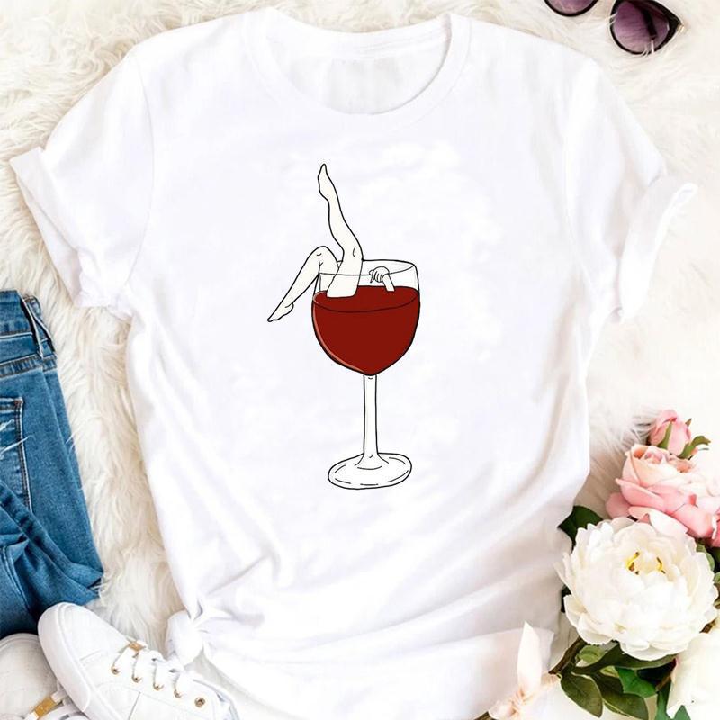 Womens Fashion Wine Glass Print Trendy Womens Base Layer Halfsleeved Womens Wear Shortsleeved Women Tshirt for Summer