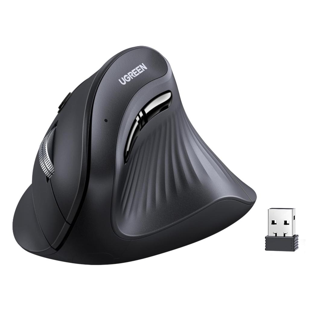 Mouse fără fir UGREEN Vertical Silențios Bluetooth Wireless 6 butoane DPI Previne brațul mouse-ului Design ergonomic Compatibil cu Black 5.0 2.4GHz