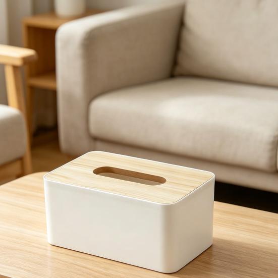 Tissue Box with Solid Wood Lid, Waterproof Design, Long Paper Opening Tissue Dispenser for Home Office