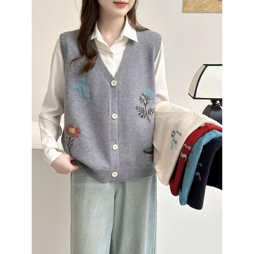 2026 Autumn Winter New Women Sweater Pullover Knitting Embroidery Floral Lady Tops Vest Tank Sleeveless Shirt Loose Casual Vintage