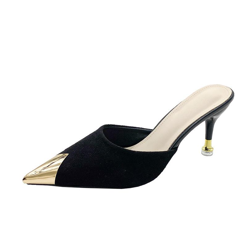 Large Size Pointed Stiletto Slippers Women's New Feather Suede Black Bag Head Sandals Half Slippers