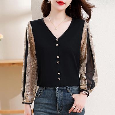 Pullover Pailletten Lässig Damen V-Ausschnitt Langarm Chiffon Hemd Fake Zweiteiler Hemd Top