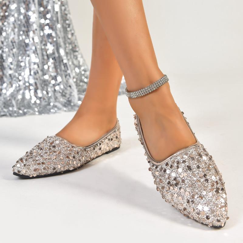 2025 New Pointed Toe Flat Temperament Versatile Sequin Shoes