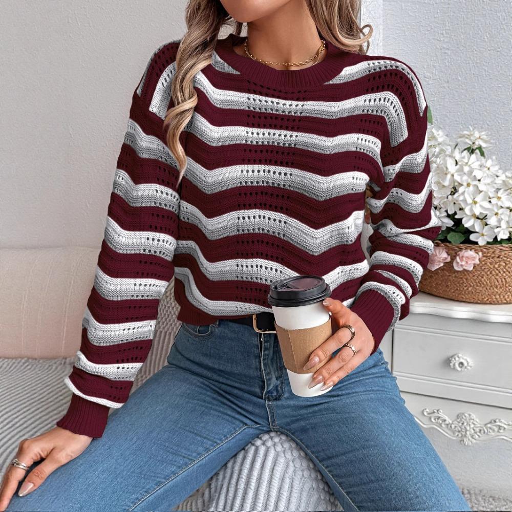 Fashionable Women's Casual Openwork Colour-Block Striped Lantern-Sleeve Pullover