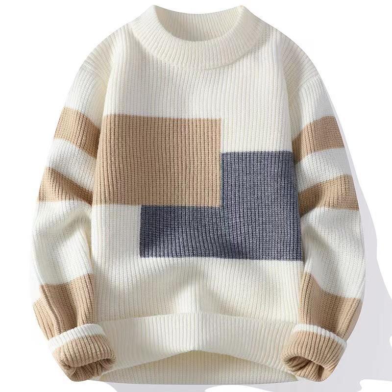Men's Contrast Color Knitted Sweater - Loose, Trendy, Cozy, Winter Warmth