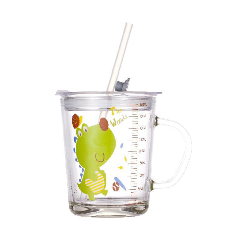 High Quality Kids Straw Cup with Lid and Handle Cute Glass Tumbler with Scale for Water Tea Milk Coffee Elephant Cartoon Pattern