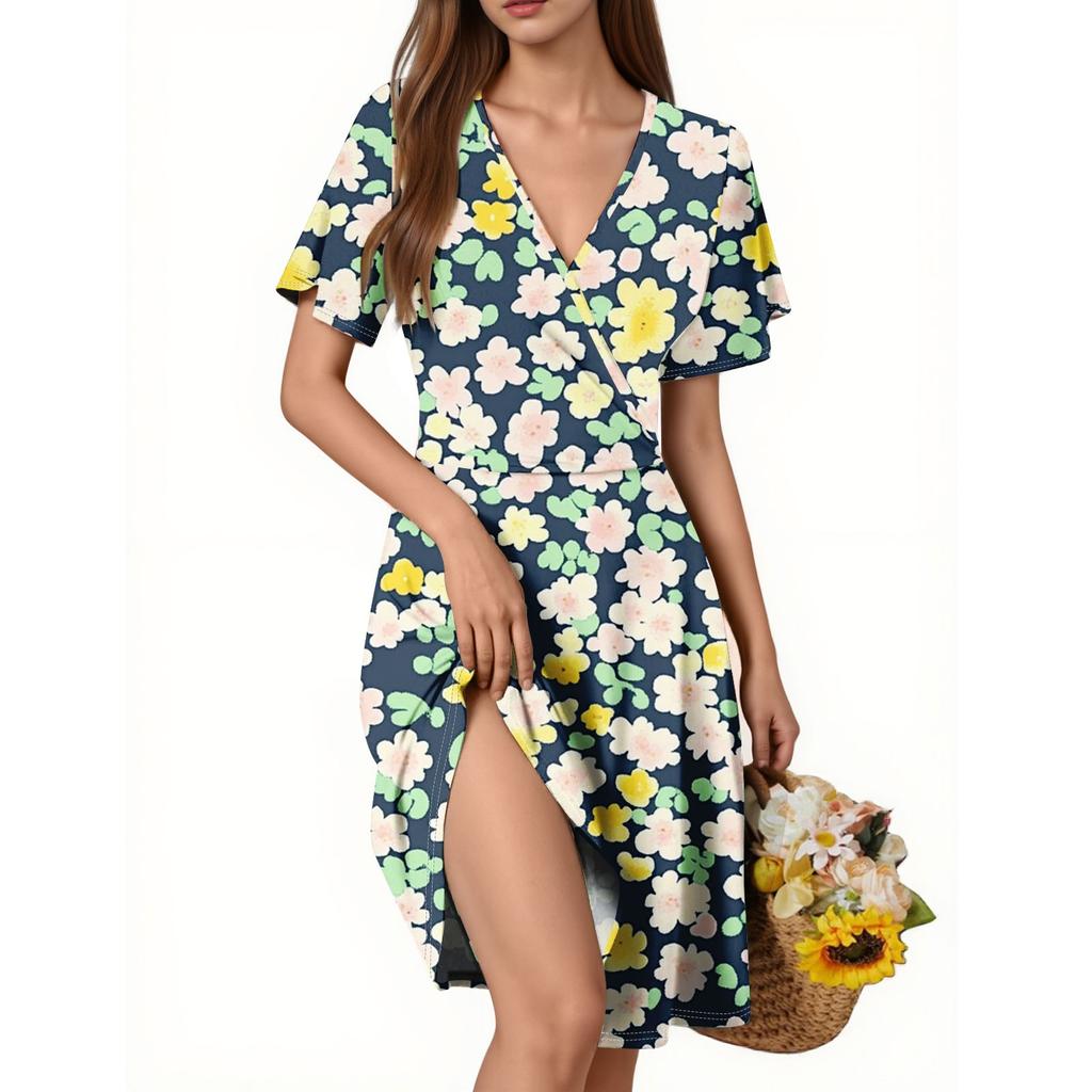 Damenkleid Trompetenärmel Kurzarm Lässiges Blumenkleid mit V-Ausschnitt