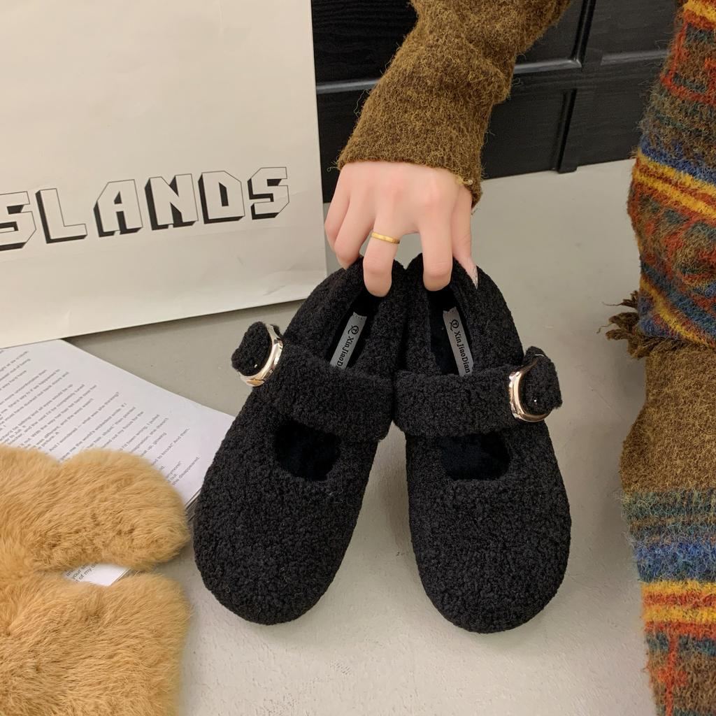 Flat Bottom Gentle and Comfortable Fluffy Shoes Women Wear 2025 Autumn and Winter New Fairy Wind Velvet Word Mary Jane Cotton Shoes