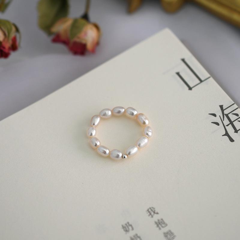 French Freshwater Pearl Copper Bead Stretch Ring Women 14K Gold Silver Plated Finger Band