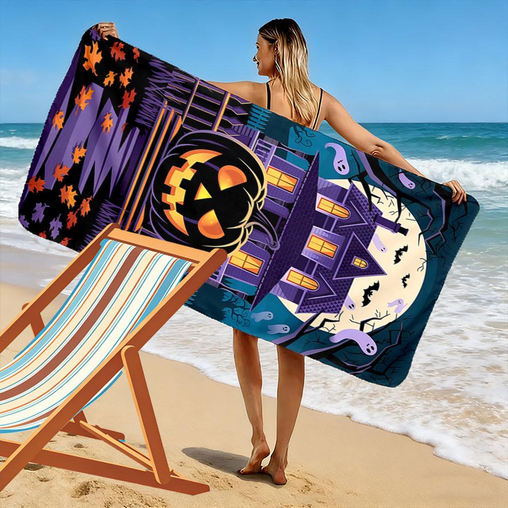 Glowing pumpkin mansion nights Print beach towel, quick drying, suitable for travel, outdoor sports, jogging, the beach and swimming, gift