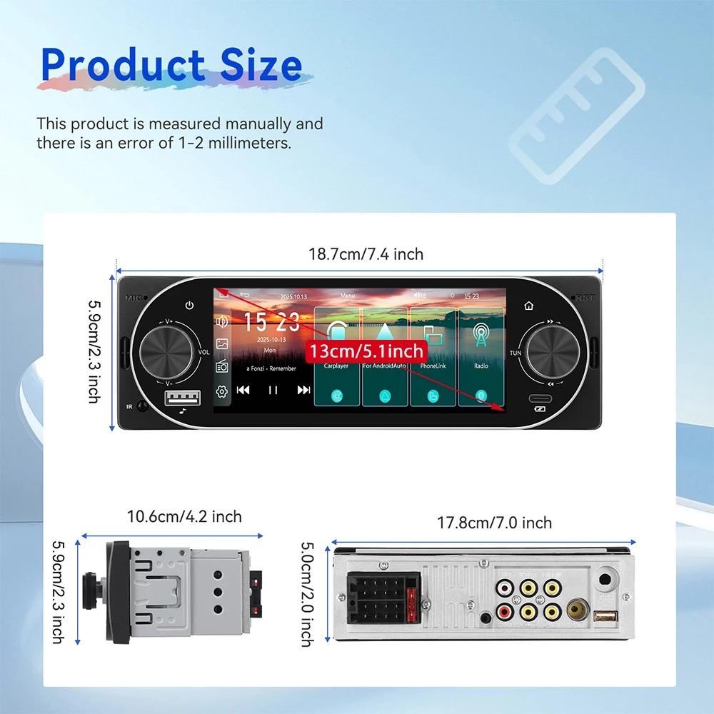 General 1 Din Car Radio MP5 IPS HD Player Support Wireless Carplay Android Auto Bluetooth FM AM RDS Stereo USB WIFI Video Player 5.1In Digital Display