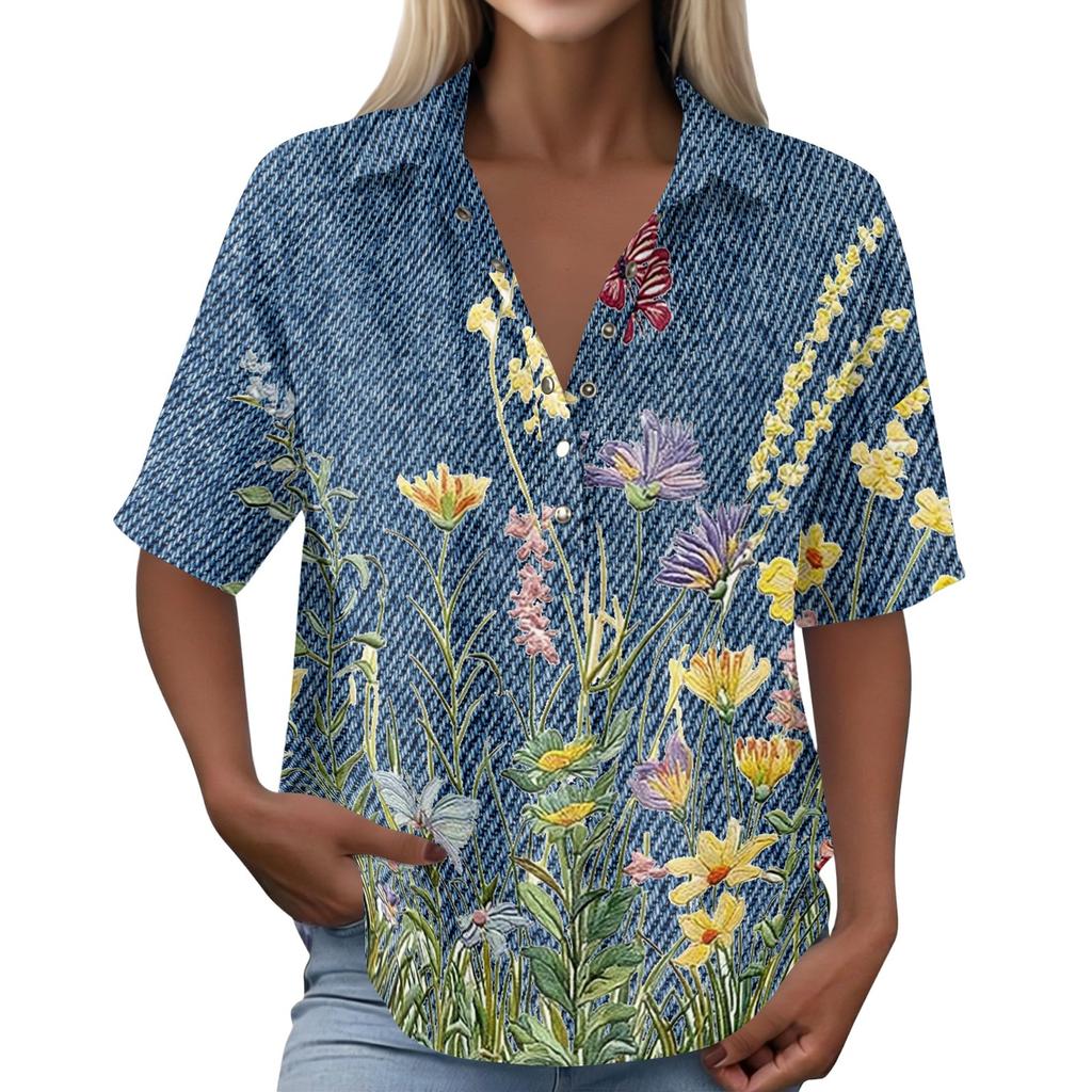 Women's Vintage Floral Print Short Sleeve T Shirt Loose Fit Button Down Polo Collar Linen Blend Casual Top