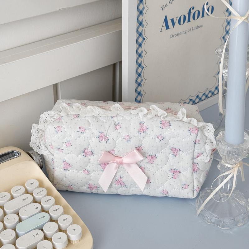 

Pink Flower Women Lace Small Makeup Bag Travel Organizer Cosmetic Coins Handbag Pouch Gilrs Cute Bow Square Zipper Wallet Bags