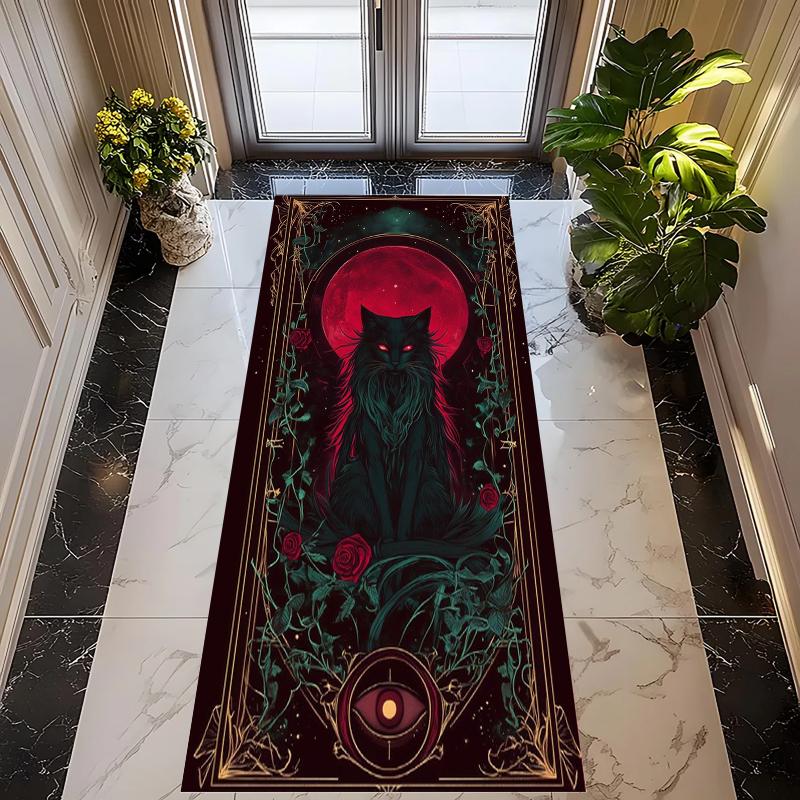 Beige Black Cat Carpet Mat Rug White Floral Vine Pattern Vintage Artistic Non-slip Home DecorationHallway Running Indoor Rug