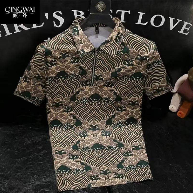 

2025 Новая мужская рубашка поло с коротким рукавом, принт облака, отложной воротник, футболка, повседневный топ для мужчин среднего возраста 4XL зелёный