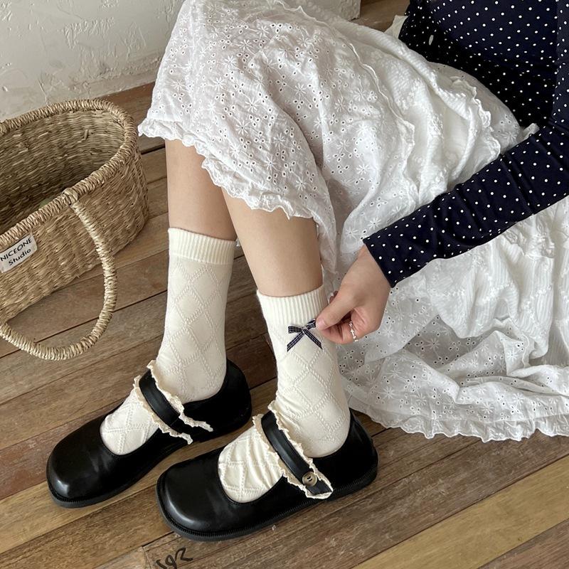 Light Retro Navy Blue Color "Bow Dark And Not Socks, Mid-Leg Socks, Designer Cotton Socks Songmu