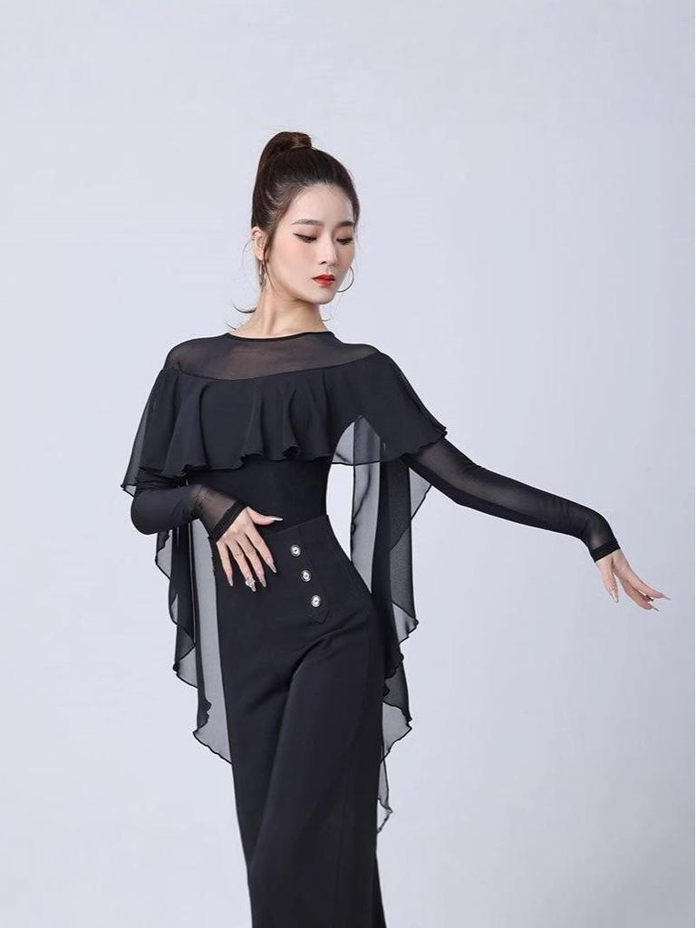 Women's Mesh Splice Ruffle Top Dance Bodysuit for Ballroom & Waltz