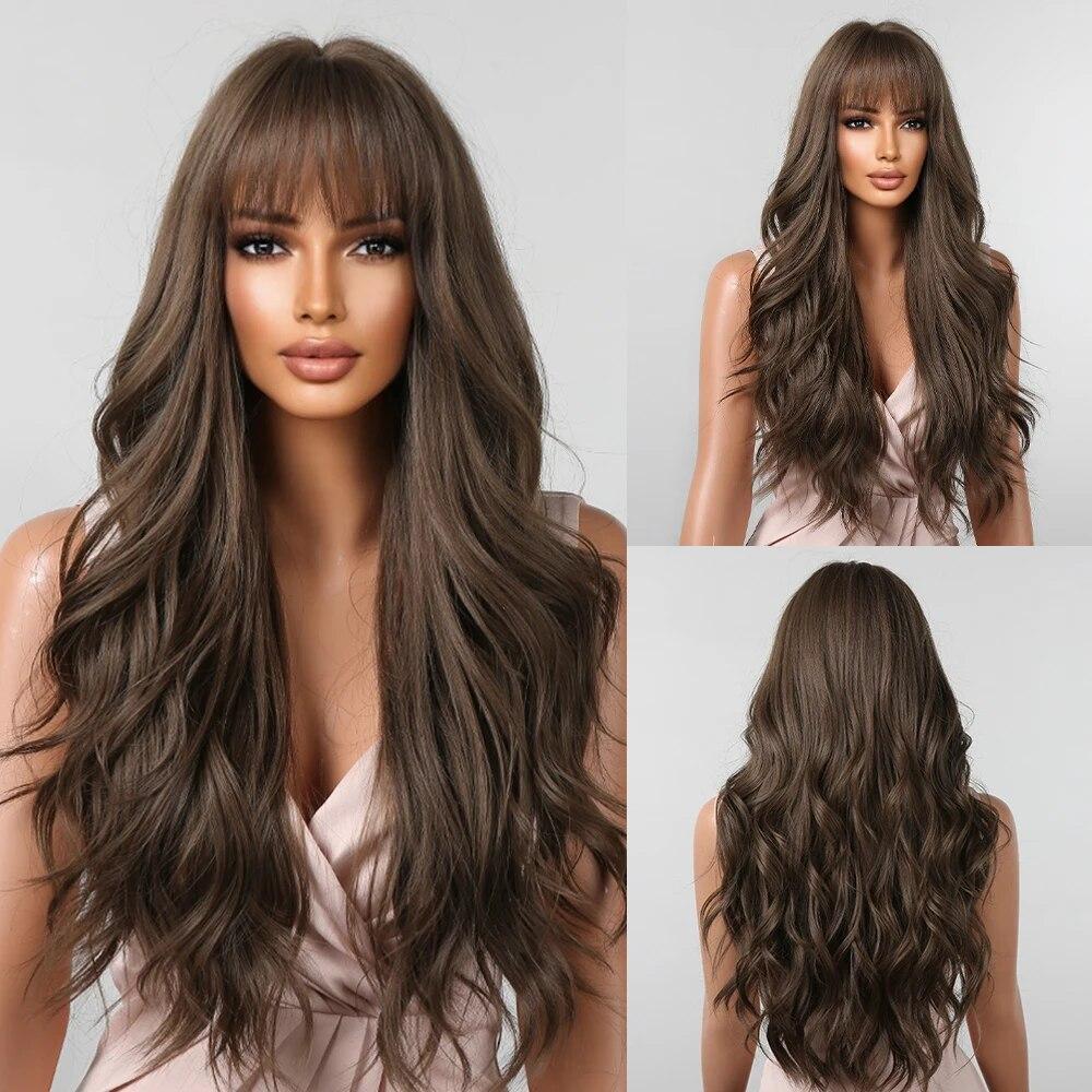 Long Water Wave Synthetic Wigs with Bangs Natural Ginger Brown Loose Curly Wavy Wig for Black White Women Heat Resistant Daily