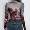 Women's Artistic Print Long Sleeve Mesh Bodysuit, Vintage Renaissance Graphic Sheer Slim Fit Top Jumpsuit Lace Panel Lightweight Top Personality