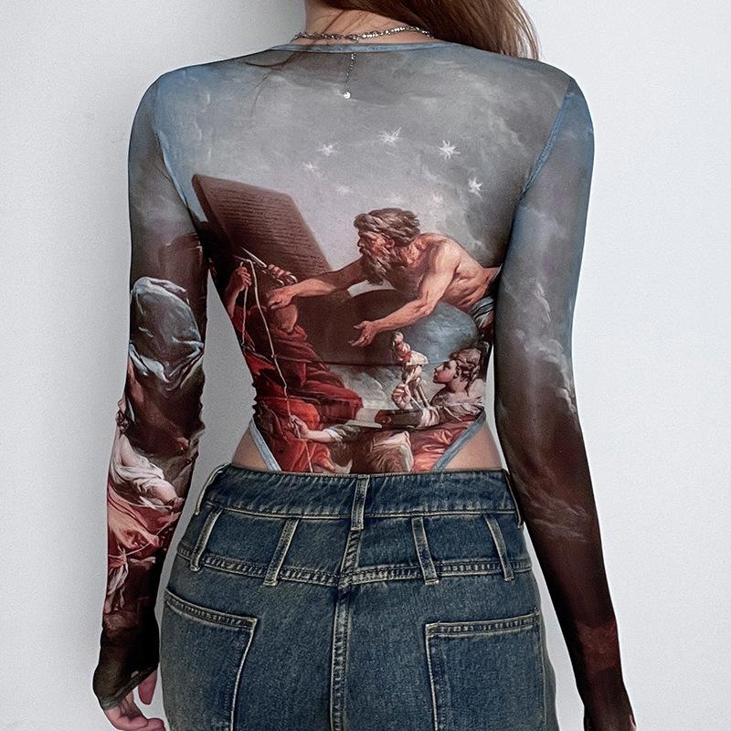 Women's Artistic Print Long Sleeve Mesh Bodysuit, Vintage Renaissance Graphic Sheer Slim Fit Top Jumpsuit Lace Panel Lightweight Top Personality