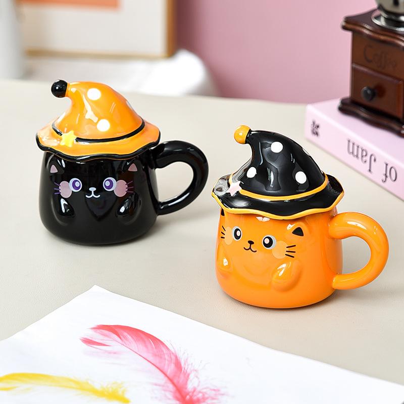 Creative Cute Cat Mug with Lid Ghost Cup for Girls Ceramic High Looking Cartoon Household Water Cup