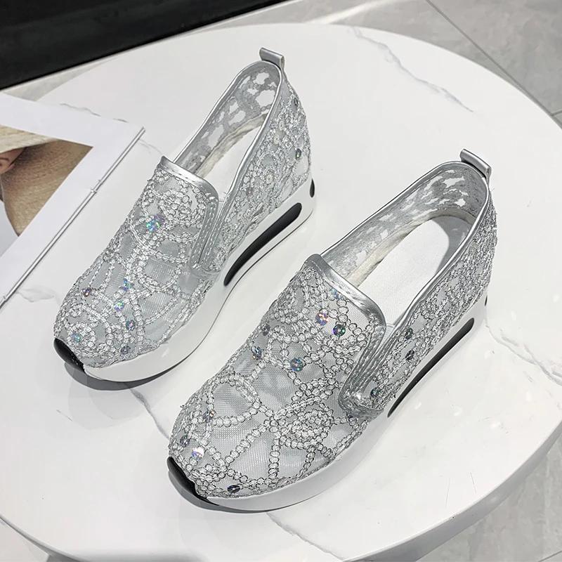 

Женские кроссовки на платформе с танкеткой, цветочная вышивка, сетчатые кроссовки, женские, повседневные, удобные туфли на каблуке для женщин, Tenis Feminino 35