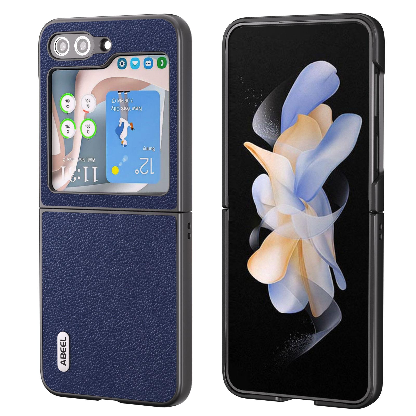 

ABEEL For Samsung Galaxy Z Flip5 5G Matte Edges Phone Case Cowhide Leather+PC Back Cover Blue