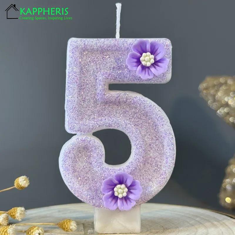 Purple Pink Barbei Birthday Beautiful Birthday Number Candles Sparkling for Cake Topper Decoration Flower Pure Bee Honey Candles