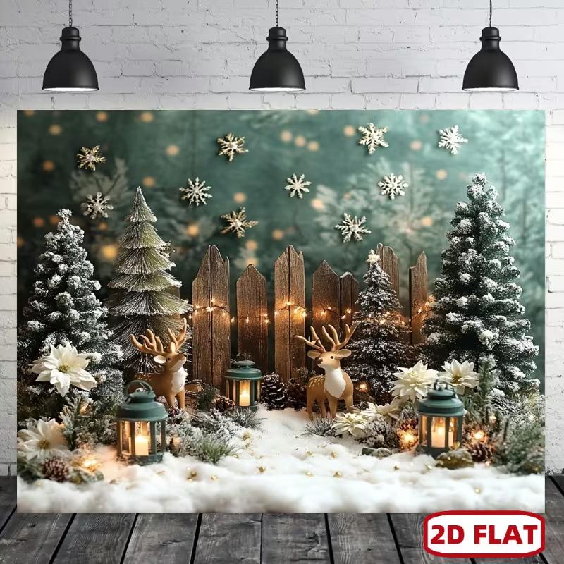 2D Christmas Forest Scene Backdrop, Teal Background & Reindeer Photography Background 47.2x31.5inch/120*80cm