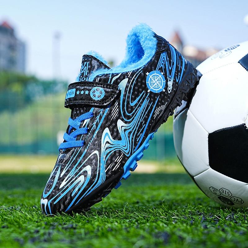 Kids' Fleece-Lined Soccer Shoes Non-slip Turf Sole Strap Breathable Printed Football Boots