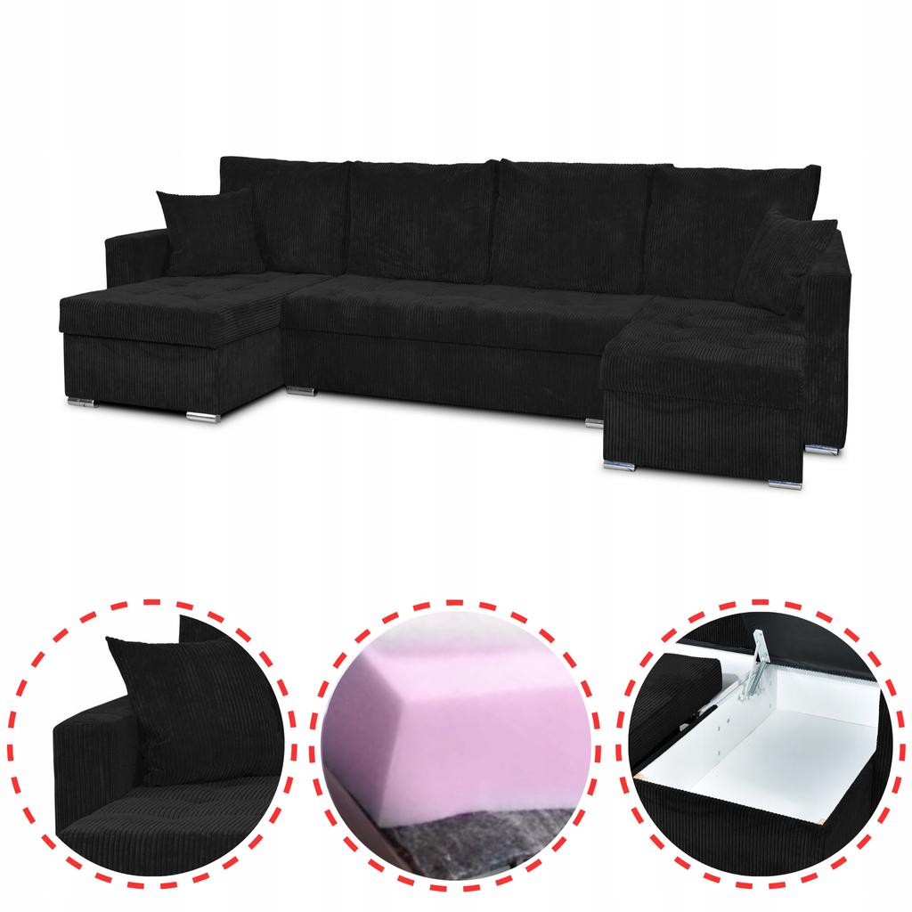 Bonito BIG Corner Sofa Bed Family Meble Corduroy Black