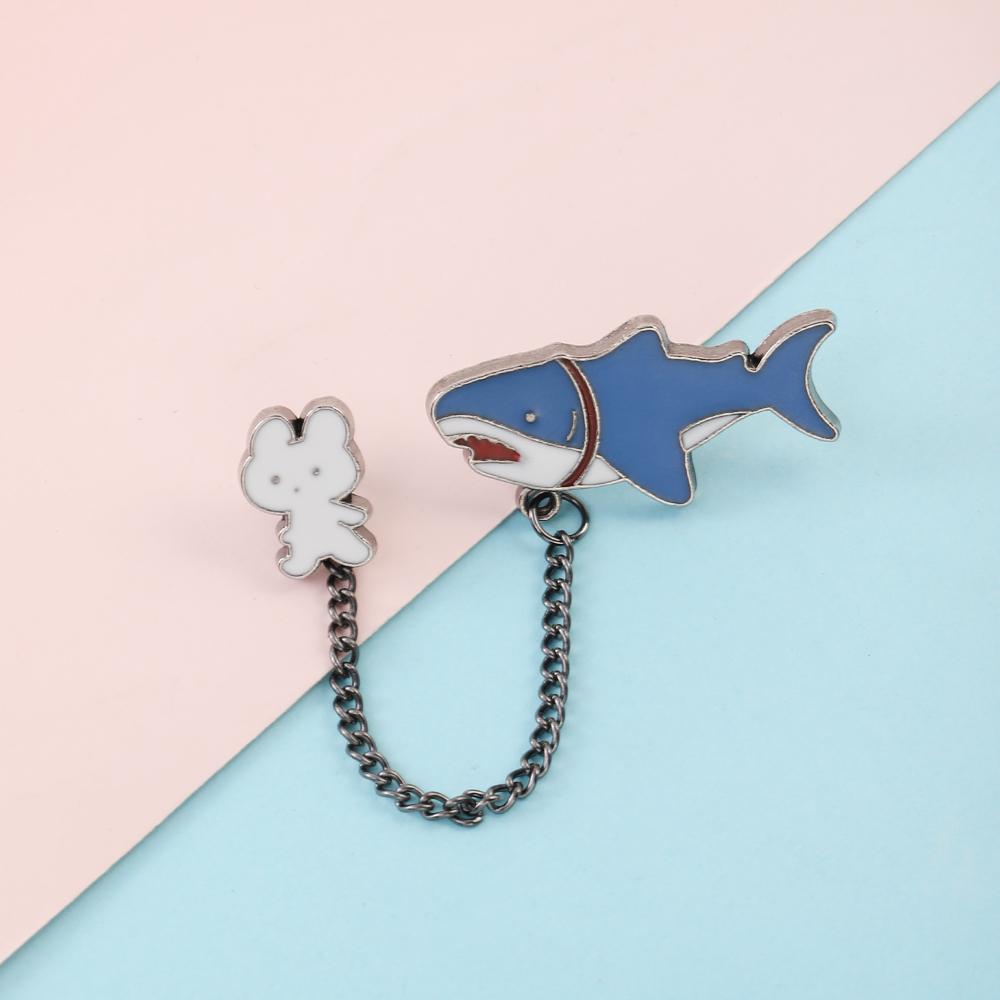 Cartoon Cute Rabbit Holding Shark Dinosaur Chain Lapel Pins Manga Anime Animal Brooches For Kids Backpack Bag Badge Gift
