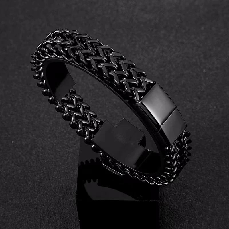 Fashionable Double Row Stainless Steel Chain Magnetic Clasp Bracelet for Men Motorcycle Riding Rock Party Jewelry Gift
