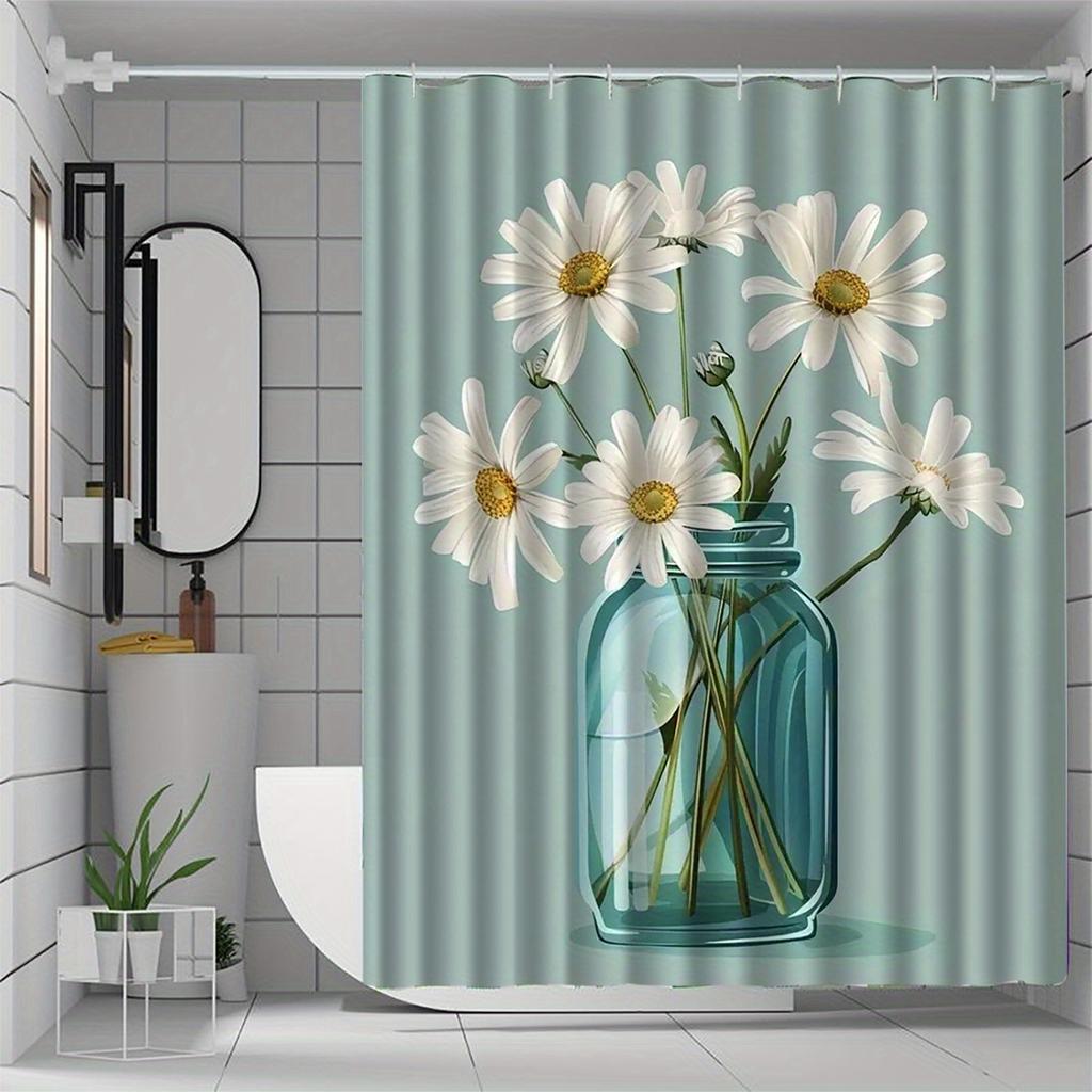 Floral Shower Curtain, White Daisies in Teal Jar Print, Durable Polyester, Machine Washable,  Elegant Home Accessory