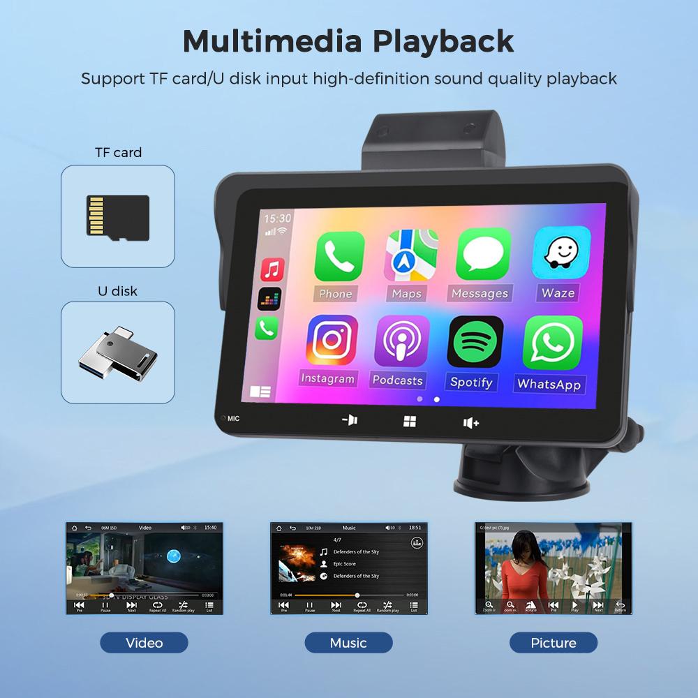Portable 7" Touch Screen Multimedia Player Compatible with Wireless CarPlay Android With DVR 64G TF Card
