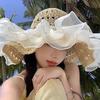 Breathable Straw Weaving Beach Hat Portable Big Brimmed Woven Cap Beige Lace Pearls Sun Cap  Travel