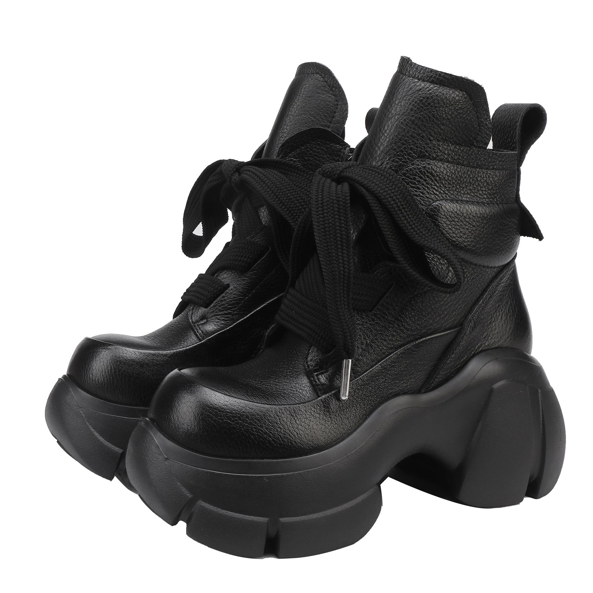 

Johnature Сапоги из натуральной кожи на толстой подошве и высоком каблуке в стиле ретро со шнуровкой, женские короткие сапоги на платформе 40 чёрный