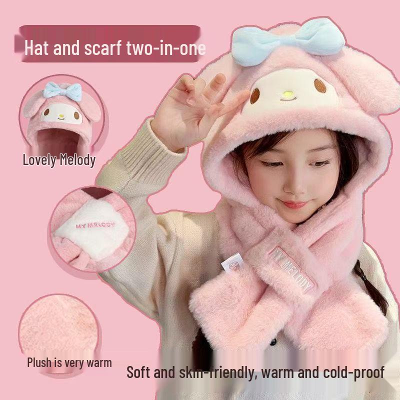 Kuromi Melody Plush Hat & Scarf Set for Kids - Cute, Warm, Cartoon Winter Accessory