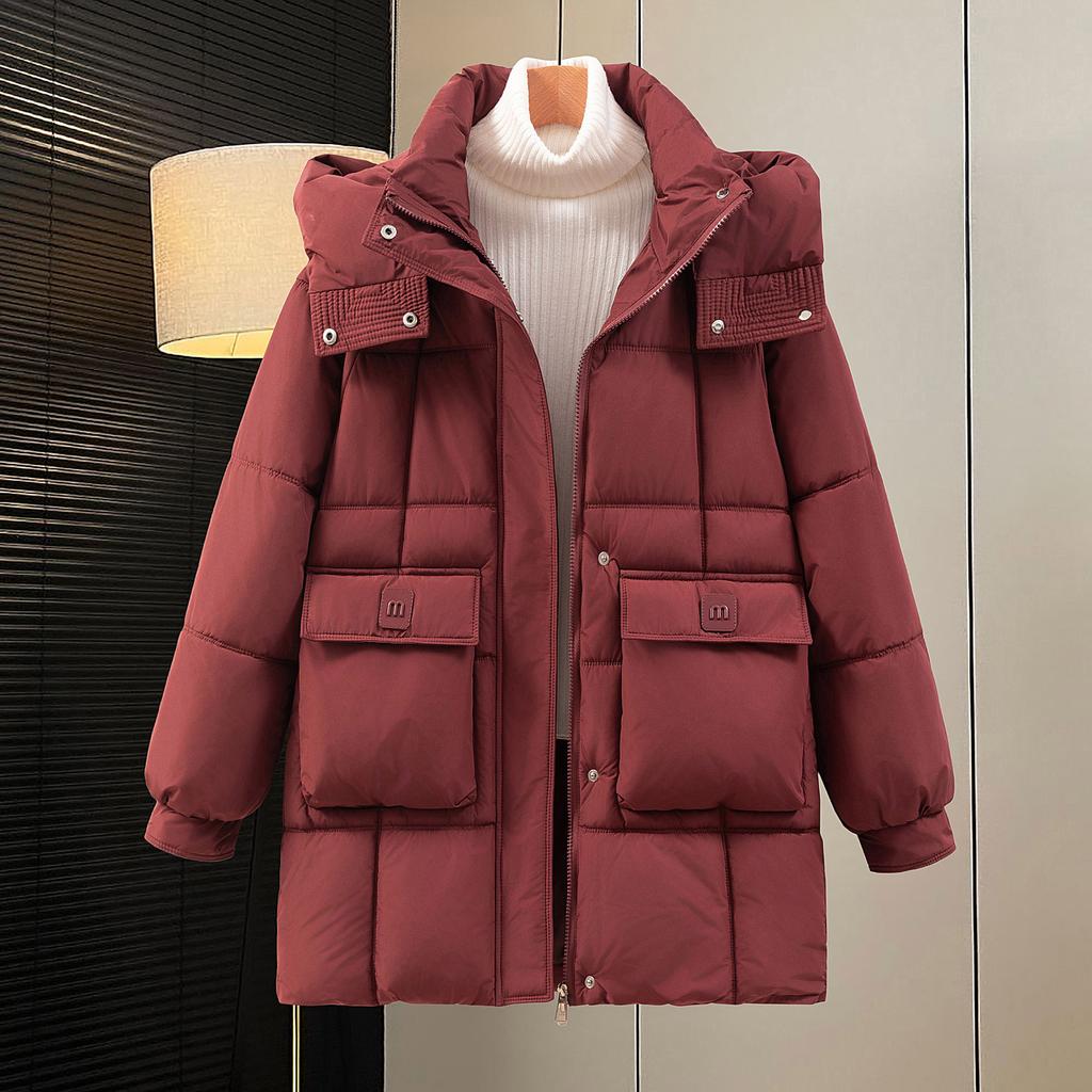 Mid-length Cotton Coat Women's Loose Removable Hat Cotton Coat New Winter Solid Color Warm Women's Jacket