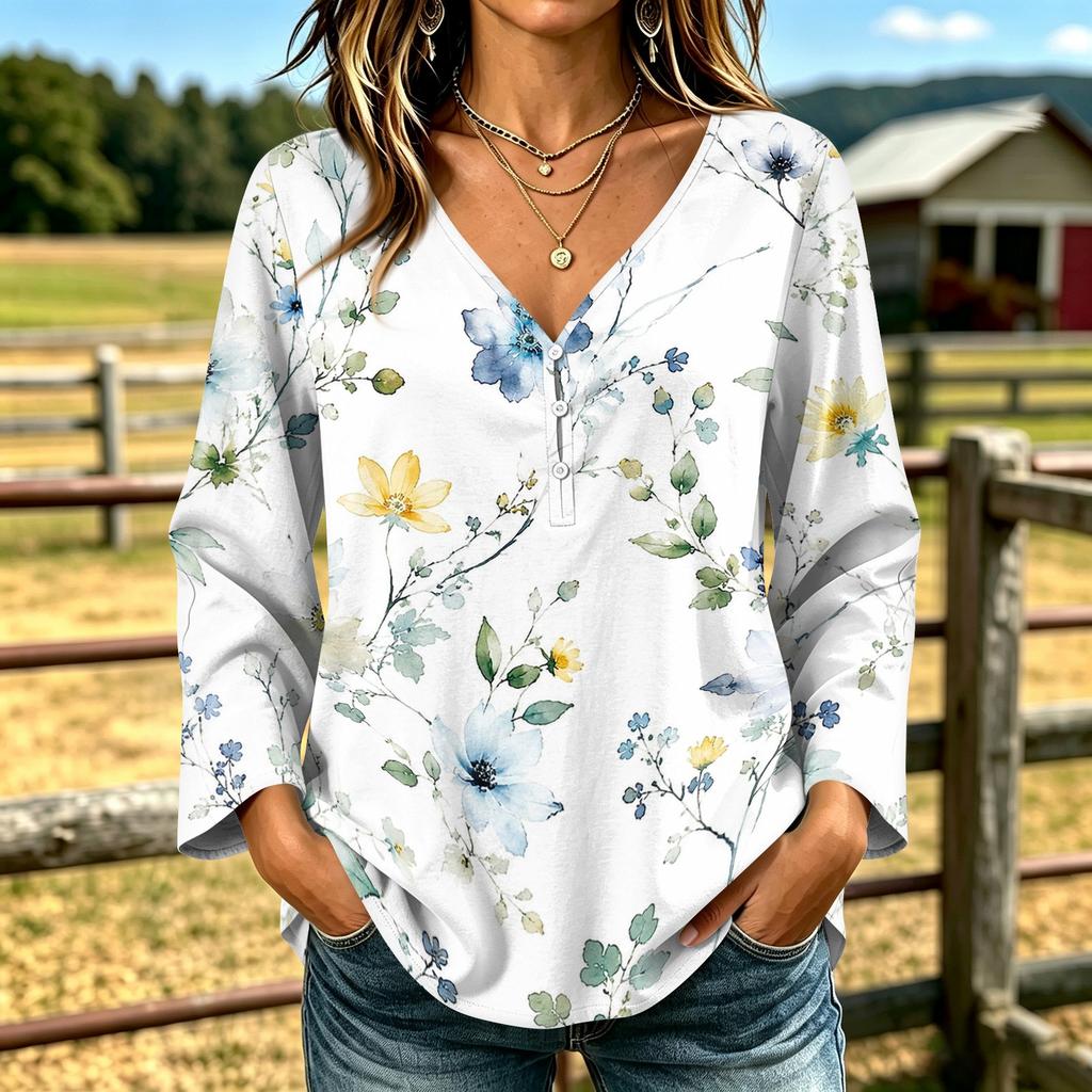 Women's Casual V-Neck Long Sleeve T-Shirt with Floral Print, Versatile Everyday Top