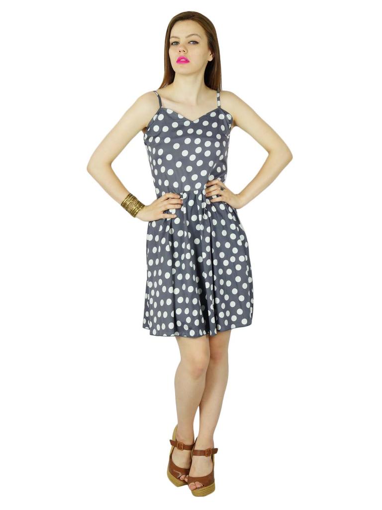Bimba Women Retro Style Shift Dress Polka Dots Spaghetti Strap Pouf Mini