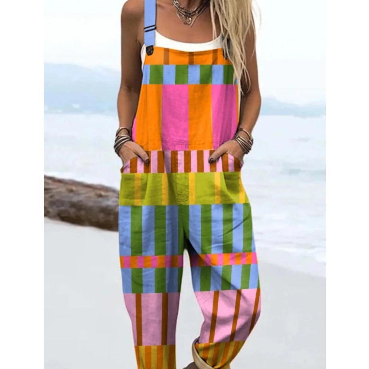 VIONA Modischer Jumpsuit, Geknöpfter Latzhose Casual Jumpsuit, Digital 3D Bedruckter Jumpsuit, Sommer Leichte Baumwolle Overalls M