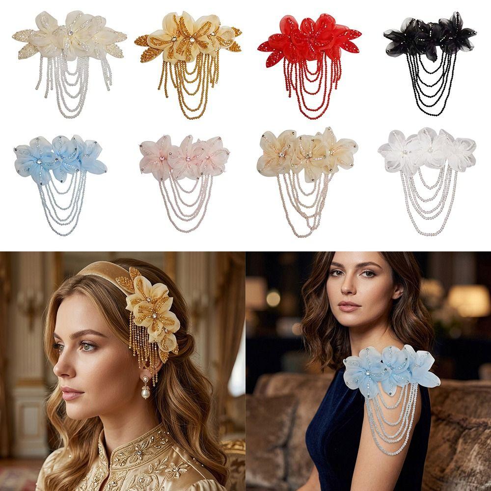 1Pc New Beaded Decoration Flower Patch Detachable Crystal Chiffon DIY Sewing Decals Tassel Shoulder Tassel Epaulet