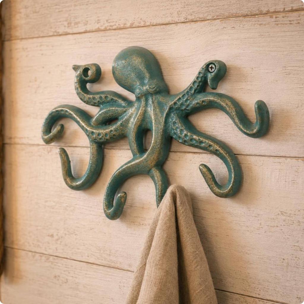 Cast Metal Sea Creature Hook Rustic Finish Wall Multiple Hooks White Brown