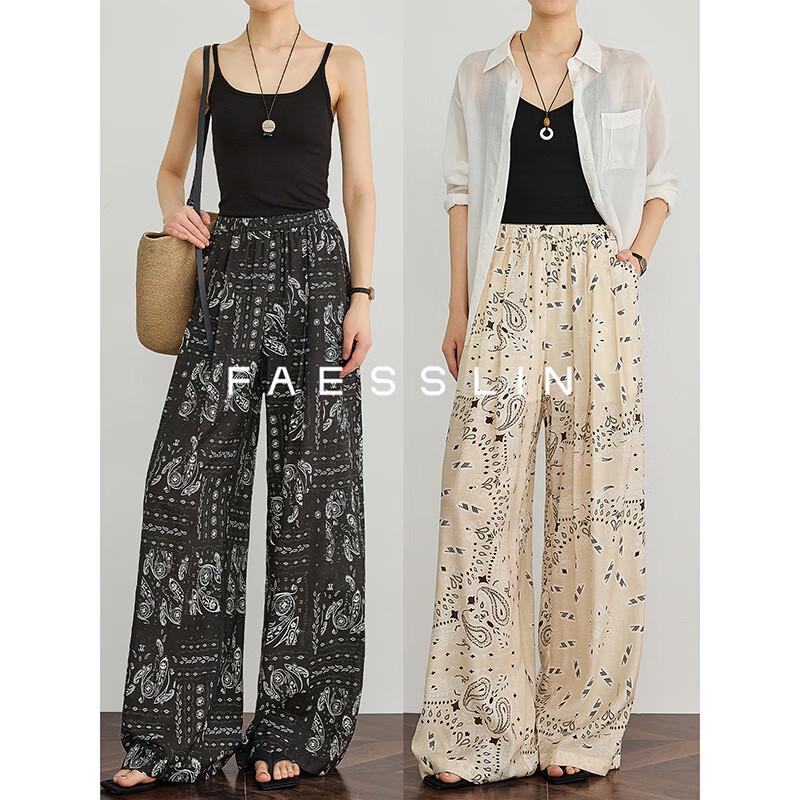 

FAESSLIN Women s Landscape Print High-Waist Wide-Leg Silk Blend Pants S