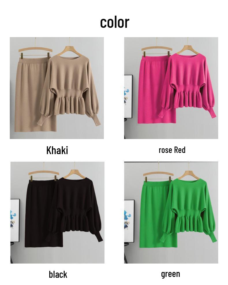 European Lantern Sleeve Bodycon Midi Skirt Set - French Socialite Style